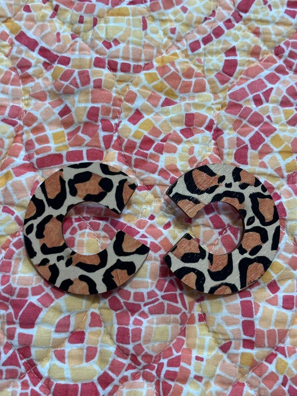 Handmade Leopard Print C-Shaped Wooden Hoop Stud Earrings